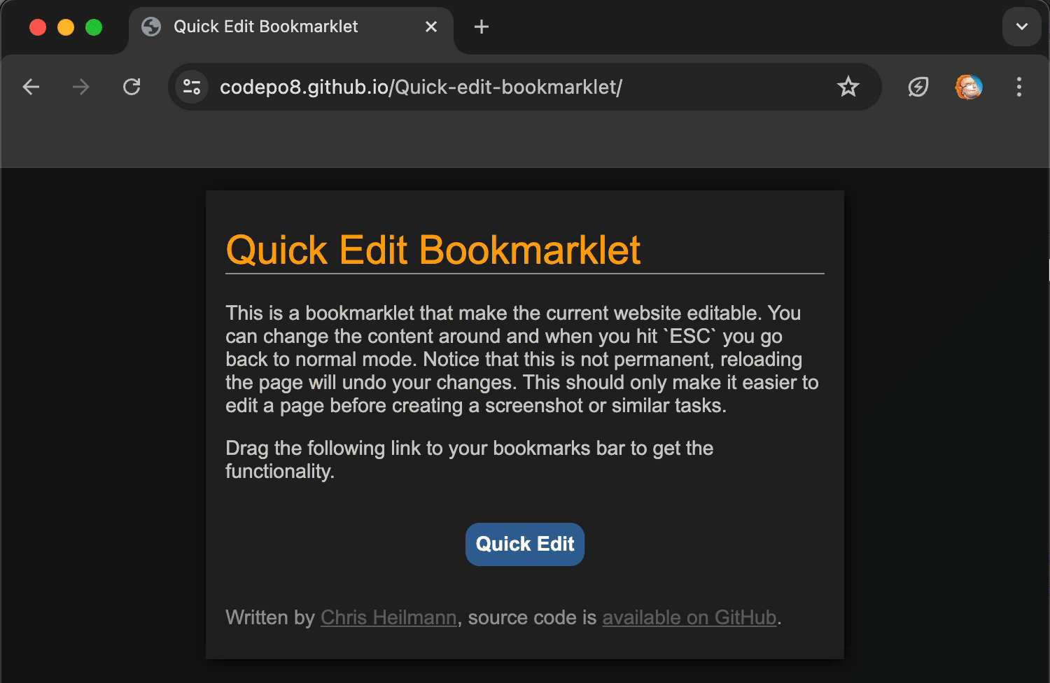 Quick edit in action, drag the link to your bookmarks toolbar and edit any web site